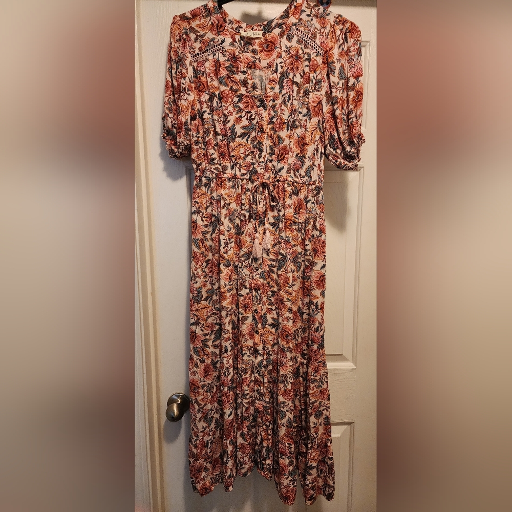 Indigo Rose floral boho drawstring dress